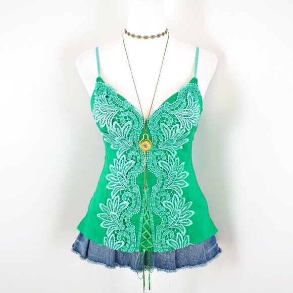 NOA Tops - VTG 00s Y2K NOA Green Floral Embellished Beaded Faux Corset Lace Up Bustier Sz L